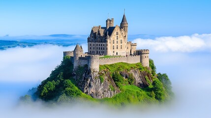 Majestic Medieval Castle on Hilltop Shrouded in Fog: A Breathtaking Landscape of Ancient Stone Architecture and Mystical Atmosphere