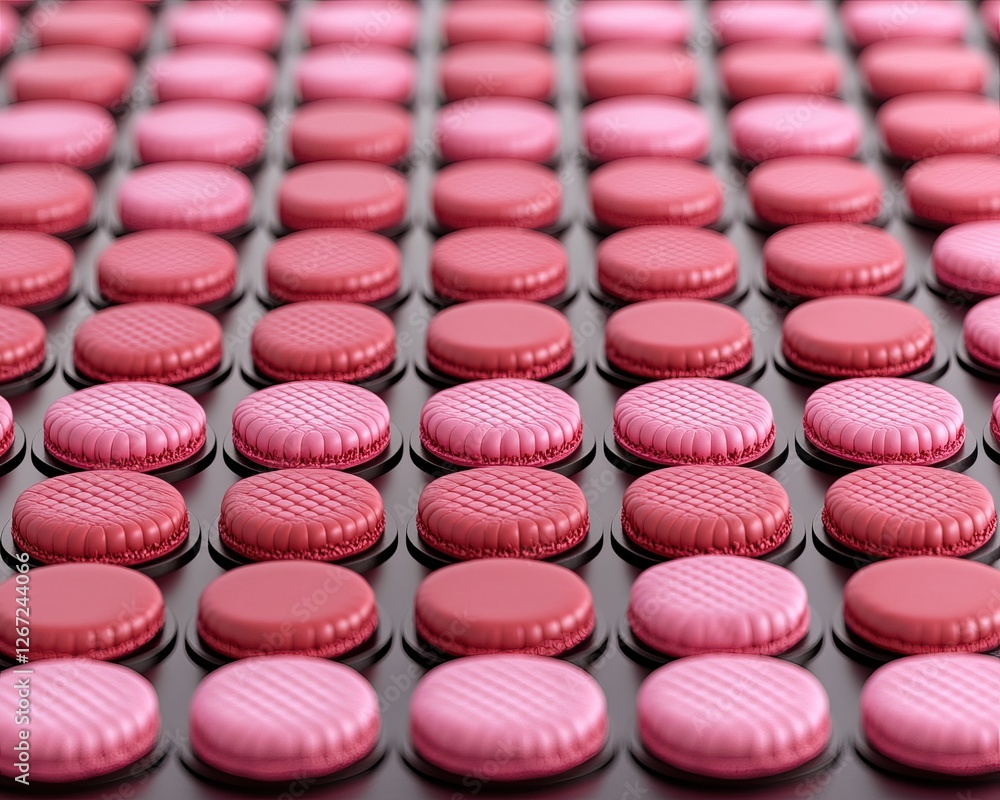 Poster a vibrant arrangement of pink and red round buttons, neatly aligned in rows, showcasing a modern des