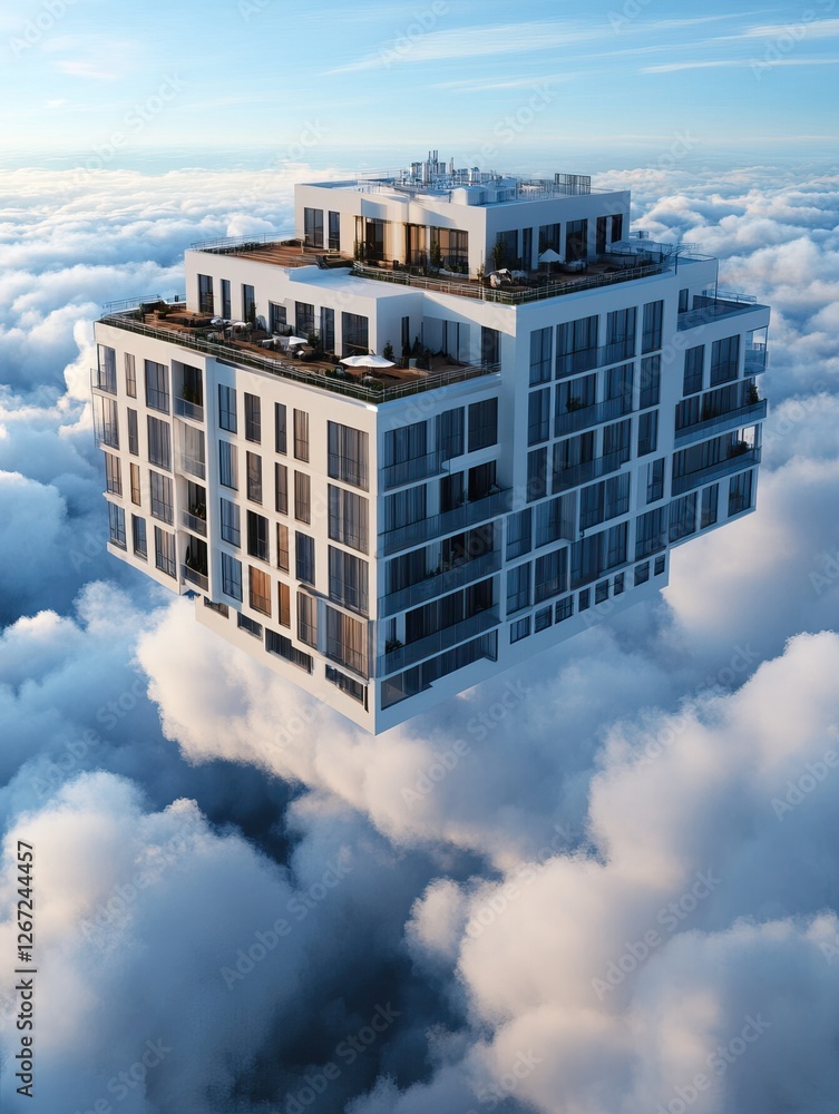 Poster a futuristic building floating among clouds, showcasing modern architecture with multiple levels and
