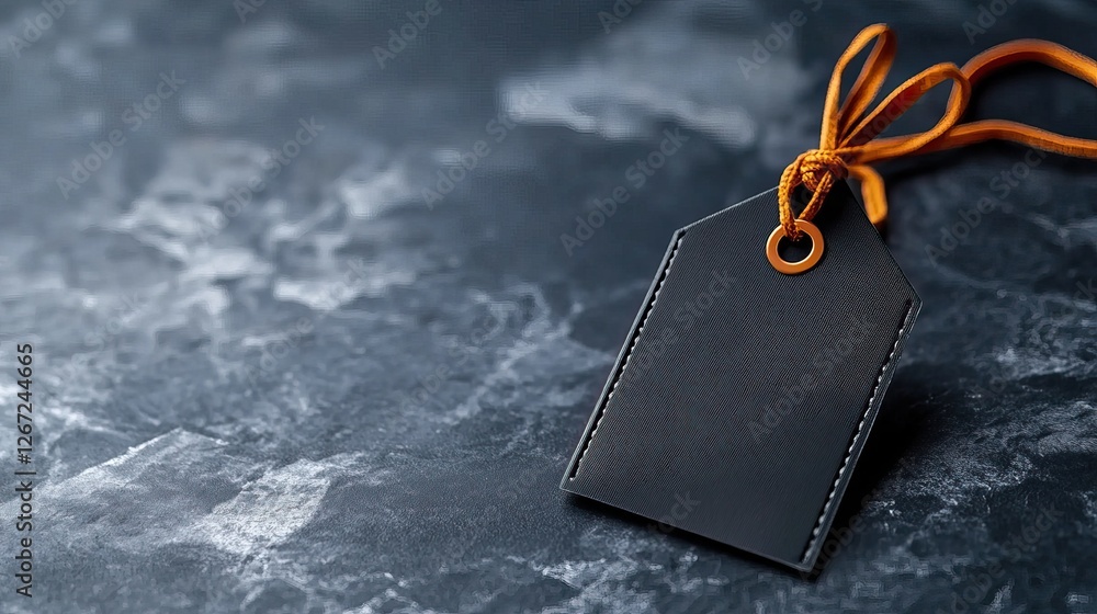 Poster a stylish black tag with an orange string rests on a textured dark surface, creating a minimalist an