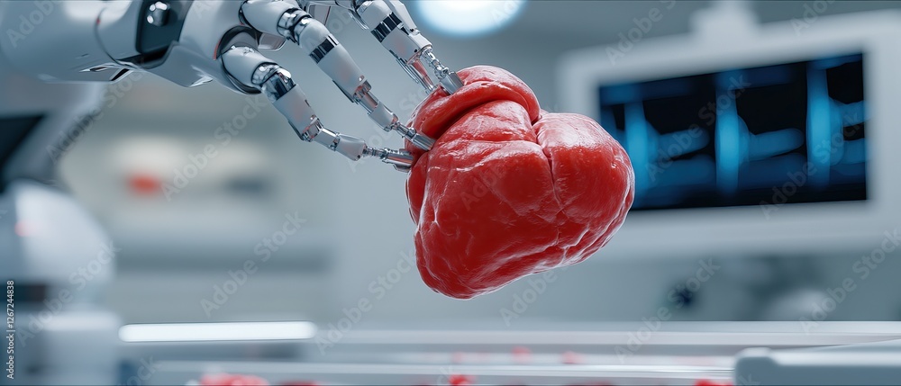 Poster a robotic hand holds a realistic heart, symbolizing advancements in medical technology and robotics 