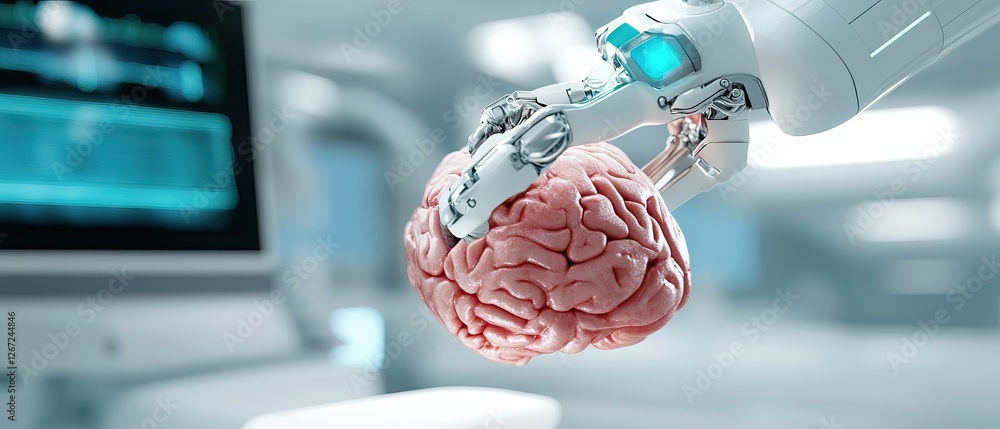 Poster a robotic hand interacts with a human brain, highlighting the intersection of technology and neurosc