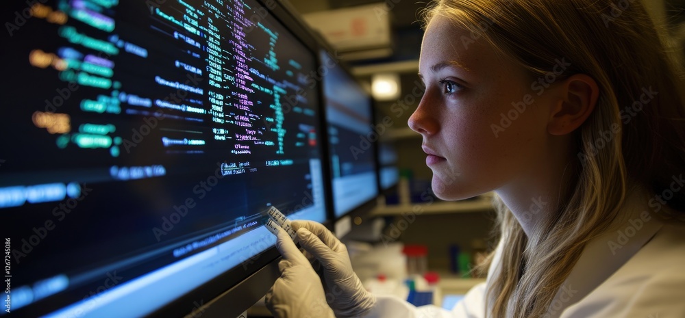 Poster female programmer coding, lab background, night