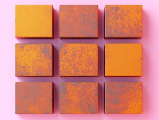 Fototapeta premium A grid of nine textured, orange-hued squares arranged on a pastel pink background, creating a visually striking and abstract composition.