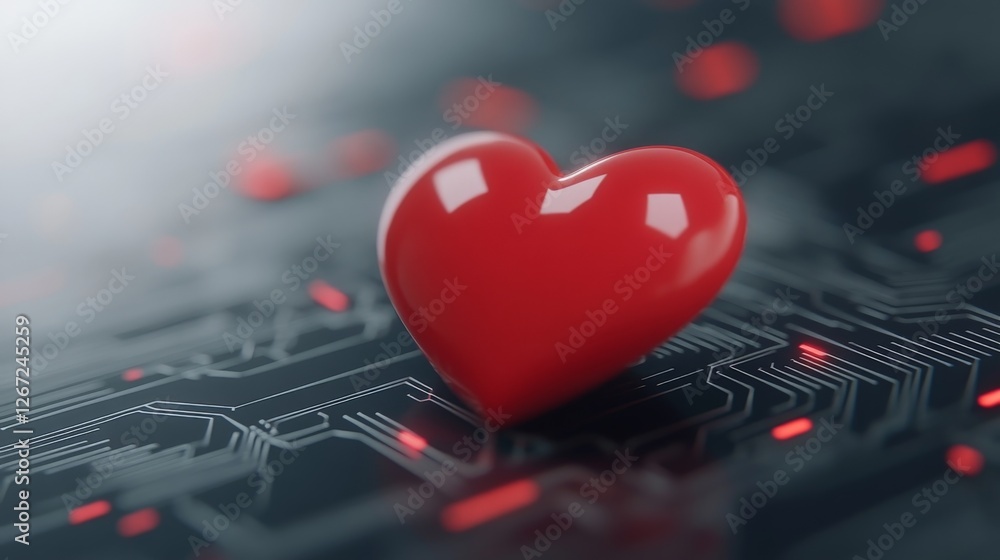 Aufkleber red heart on a computer circuit board symbolizing the connection between technology and emotions dig