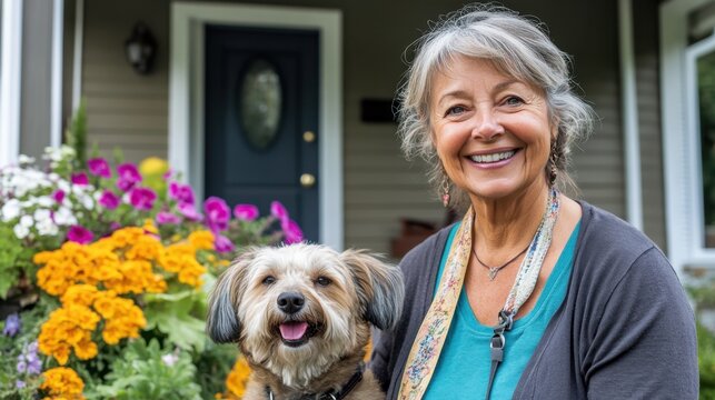 Senior woman with her dog, smiling happily while standing in front of her home flower-filled porch