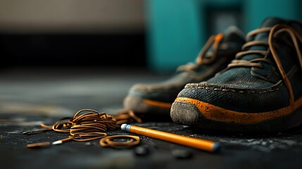 Worn-out shoes with tangled laces and a pencil on a textured floor in a casual indoor setting