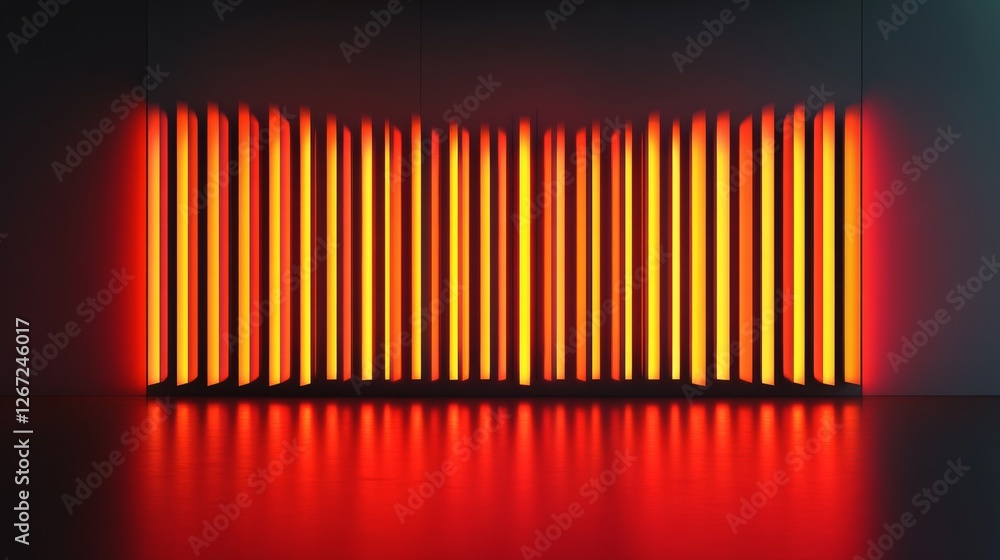 Poster glowing orange vertical lines create an abstract architectural backdrop