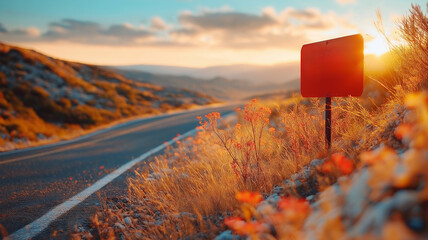 scenic road with red sign at sunset, surrounded by nature
