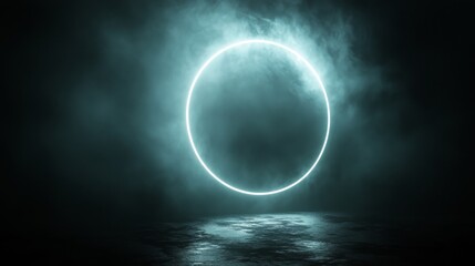 Luminous neon circle dominates misty stage in dark setting
