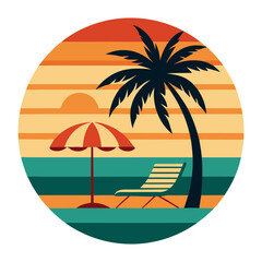 Vintage Tropical Beach Scene with Palm Tree, Sun Umbrella, and Sunset Stripes