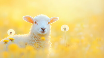 Obraz premium Serene lamb surrounded by soft dandelions in a dreamy golden field with gentle sunlight, peaceful atmosphere