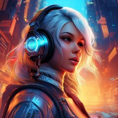 A woman with striking silver hair wears modern headphones as she gazes into a bustling futuristic city. Neon lights illuminate her surroundings, creating an energetic atmosphere.