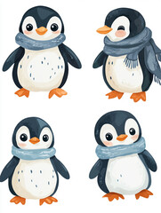 Fototapeta premium Cute penguin illustrations in various poses with scarves