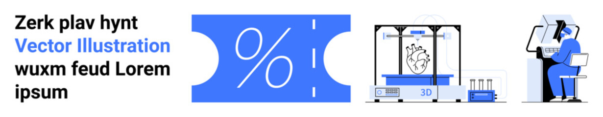 Percentage sign, 3D printer crafting a heart, person in VR headset interacting with a device. Ideal for technology, education, innovation, healthcare, finance, future trends abstract line flat