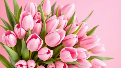 Obraz premium Delicate pink tulips in a lush bouquet on a soft pink background, pastel colors, spring flowers, tulip