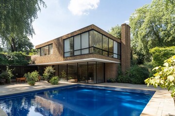 Modern architectural home with a swimming pool surrounded by greenery