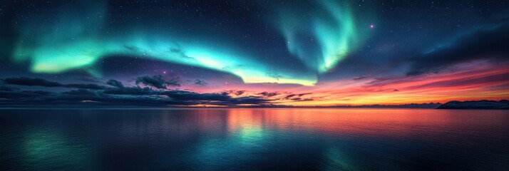 Aurora Borealis over a Calm Ocean at Sunset
