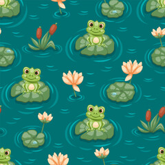 Seamless pattern with cute frogs in the pond with lotus flowers and lilies. Vector illustration.