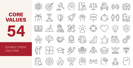 Core Values Line Editable Icons set. Vector illustration for web and mobile app. Beliefs related icons: teamwork, happiness, work, wellness, focus, honesty, goals, target, success and more.