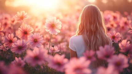 Naklejka premium Golden Hour Serenity: Woman Amidst Pink Cosmos