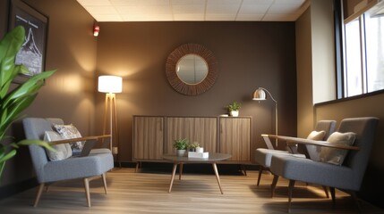 A calming office waiting area with dark brown walls, neutral gray seating, and stylish wooden decor