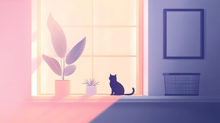 46. A minimalist living room with a pet crate, a cat sitting on the window sill, and soft pastel accents
