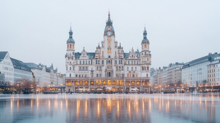 City Hall reflected in frozen square, winter twilight