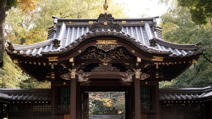 Fototapeta premium Ornate Japanese temple gate autumn leaves park serene background travel