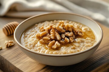 Obraz premium Delicious breakfast bowls featuring oatmeal bowl with walnuts and honey. Concept focuses on breakfast bowls that are healthy and comforting, perfect for any morning routine