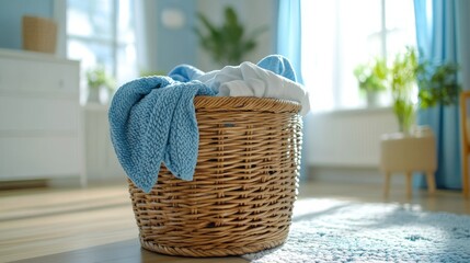 Cozy laundry corner with a wicker basket and soft blankets in warm sunlight