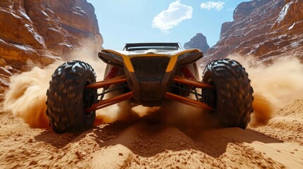 Dune buggy racing through desert canyon, kicking up sand