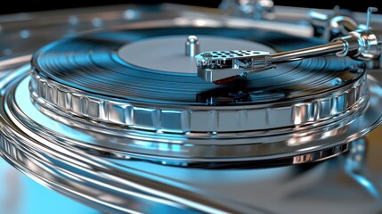 Chrome turntable playing vinyl record; close-up; music production