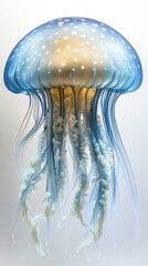 A stunning jellyfish in vibrant blue hues, gracefully floating through the water, captivating viewers with its beauty.