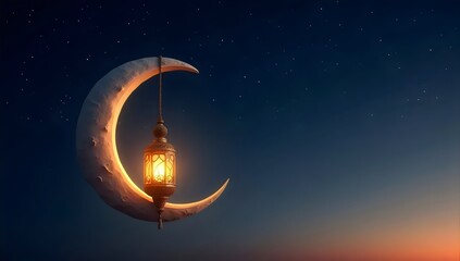 Crescent Moon and Hanging Lantern Under Starry Night Sky with Gradient Background for Ramadan and Islamic Celebrations