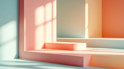 Fototapeta premium Pastel geometric shapes form a platform illuminated by window light