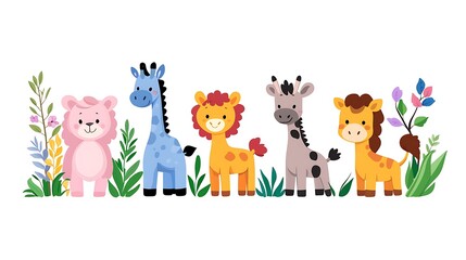 Flat Design Vector Illustration of Cute Animals Including Lion Giraffe and Bear in a Pixelated Style on White Background