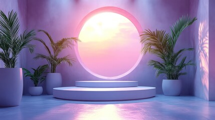 Obraz premium Serene Minimalist Sunset Studio with Plants and Platform
