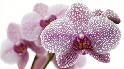 Beautiful purple orchids adorned with raindrops in soft light