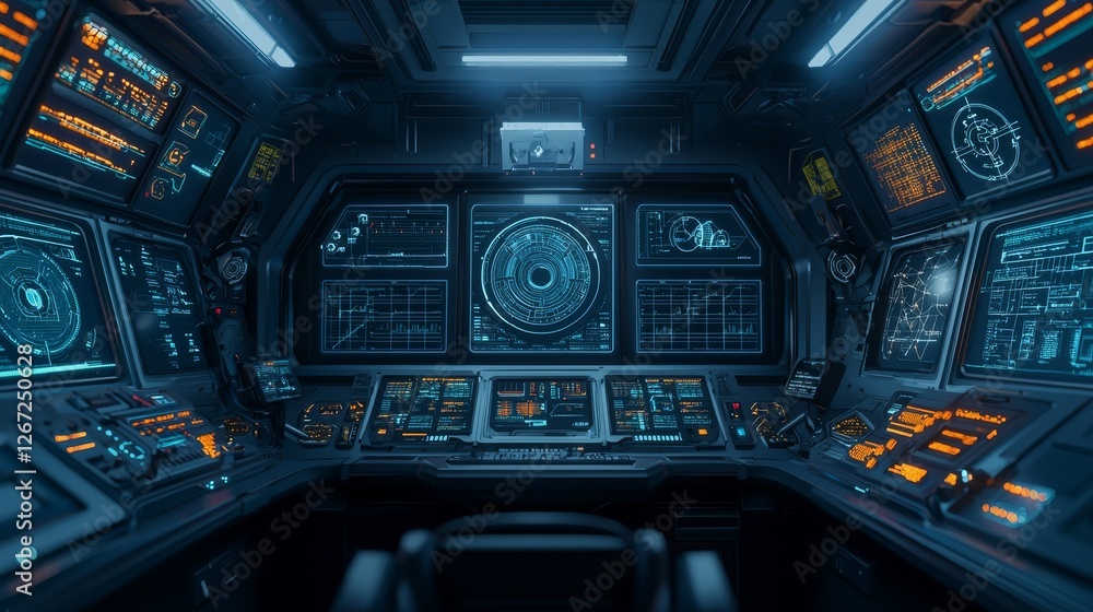 Poster detailed view of futuristic spaceship cockpit interior with intricate controls and multiple digital 