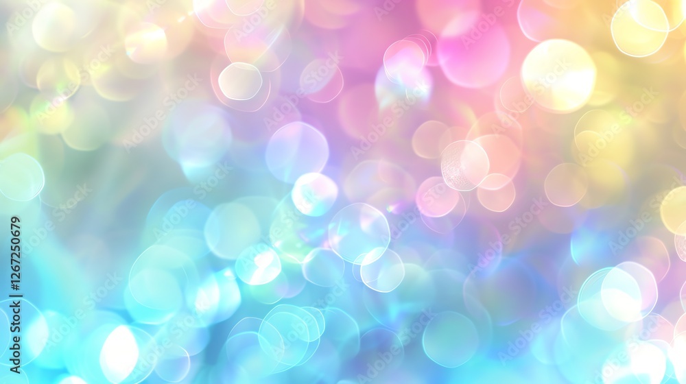 Poster soft pastel bokeh background with iridescent colors and glowing circles.