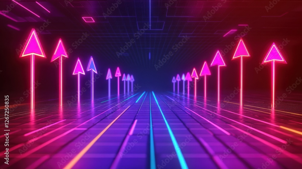 Poster upward arrows in bright neon hues emerging from a grid-like digital interface on a dark background