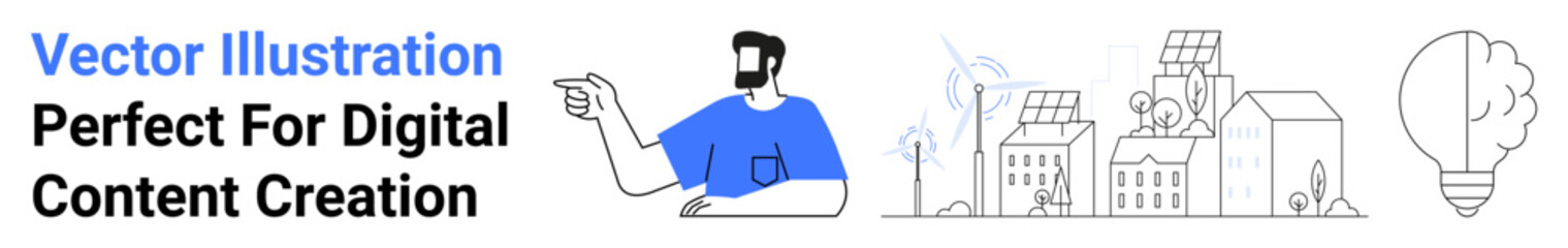 Man gesturing towards eco-friendly city with solar panels, wind turbines, and light bulb symbolizing innovation. Ideal for sustainability, energy, technology, creativity, innovation, green living