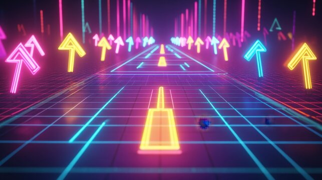 Upward arrows in bright neon hues emerging from a grid-like digital interface on a dark background - Powered by Adobe