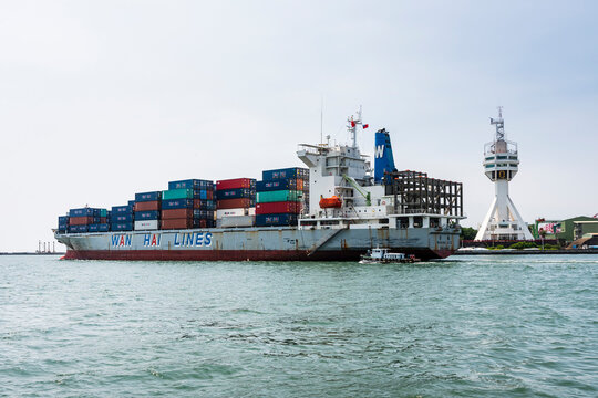 Kaohsiung, Taiwan- July 24, 2016: Wan Hai Shipping's container ship is leaving Kaohsiung Second Harbor, Taiwan.