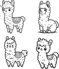 "Whimsical Llama Illustrations - Black and White Line Art of Cute Cartoon Llamas"