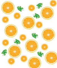 Abstract background with citrus-fruit of orange slices and green leaf stock illustration