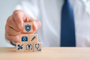 Health Insurance Protection Medical Safety Security Healthcare Wellness Doctor Patient Treatment Hospital Clinic Medical Care Risk Management Business Strategy Planning Wooden Blocks Cubes Cure Shield