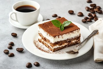 Delicious Classic Tiramisu Dessert on concrete table. Generative AI