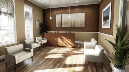 A contemporary waiting room with rich brown walls, crisp white seating, and elegant wooden finishes for a modern touch.